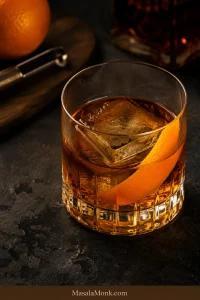 Classic bourbon Old Fashioned in a cut-glass rocks glass with one large ice cube and an orange peel on a dark stone surface.