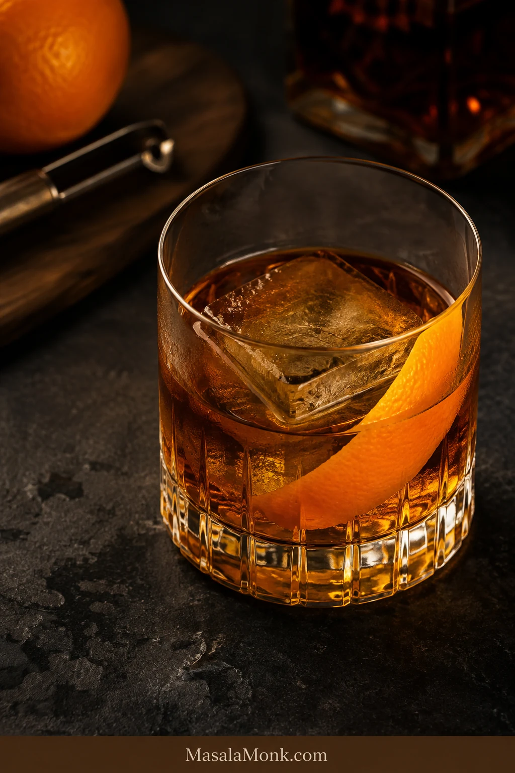 Classic bourbon Old Fashioned in a cut-glass rocks glass with one large ice cube and an orange peel on a dark stone surface.