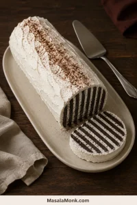 Chocolate wafer icebox cake log with whipped-cream coating and one diagonal slice showing dark chocolate and white zebra stripes.