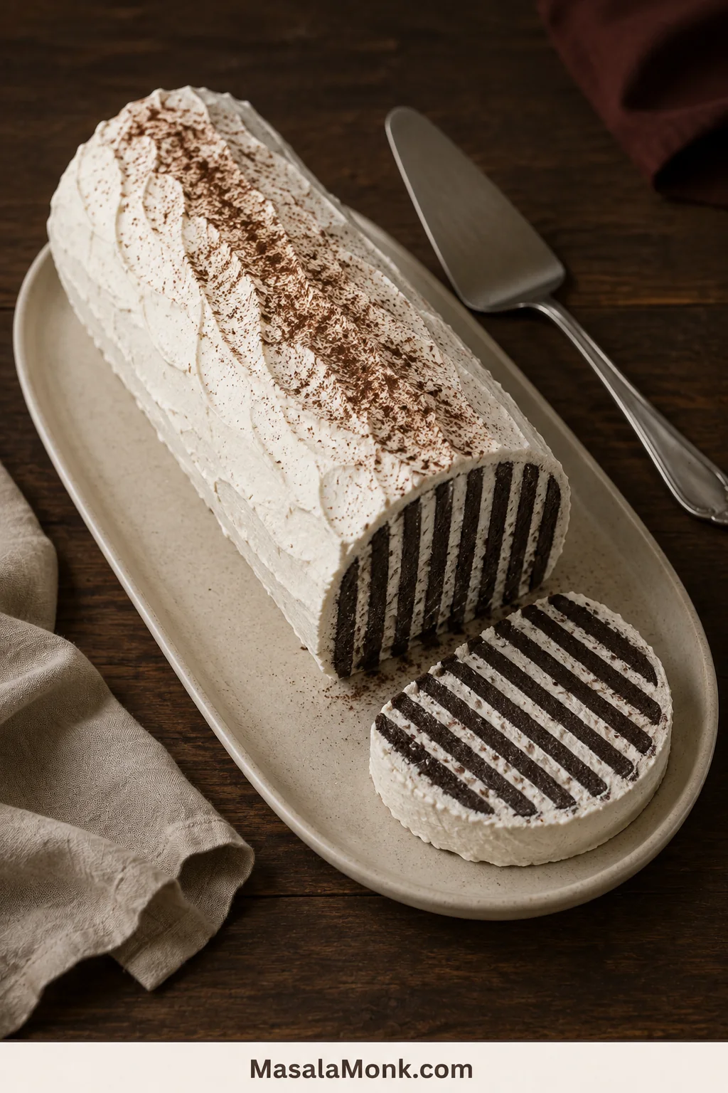 Chocolate wafer icebox cake log with whipped-cream coating and one diagonal slice showing dark chocolate and white zebra stripes.