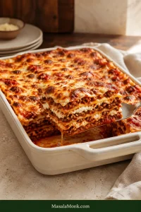 A first slice of beef and sausage lasagna lifted from an ivory baking dish, showing layered pasta, ricotta, red meat sauce and browned melted cheese.