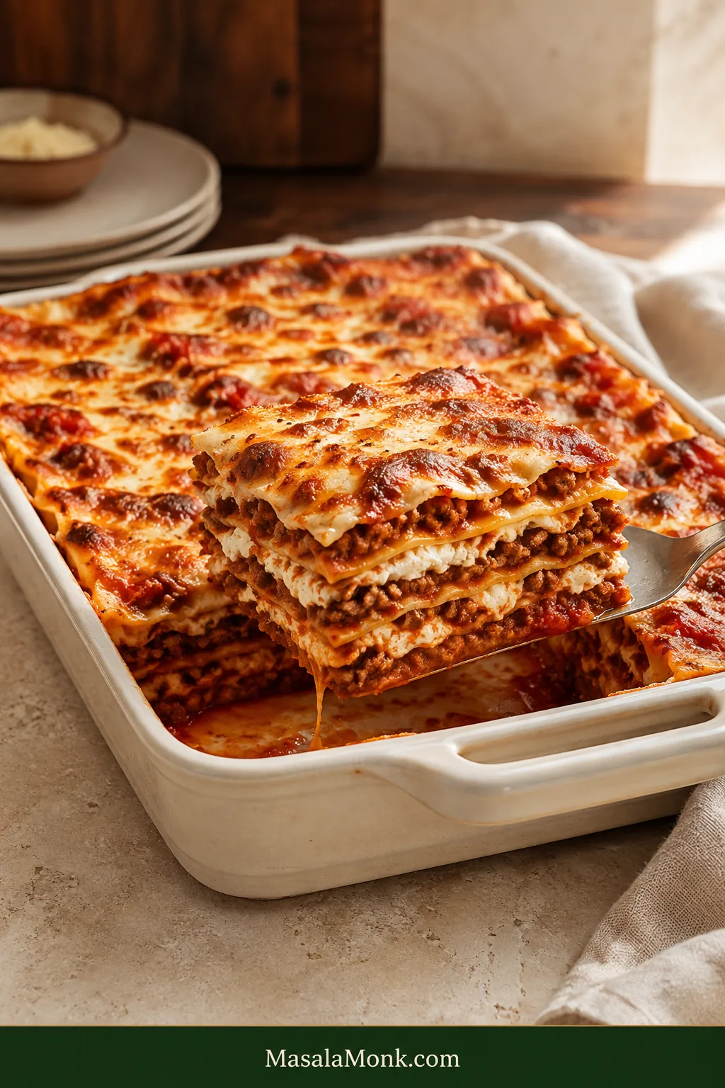 A first slice of beef and sausage lasagna lifted from an ivory baking dish, showing layered pasta, ricotta, red meat sauce and browned melted cheese.