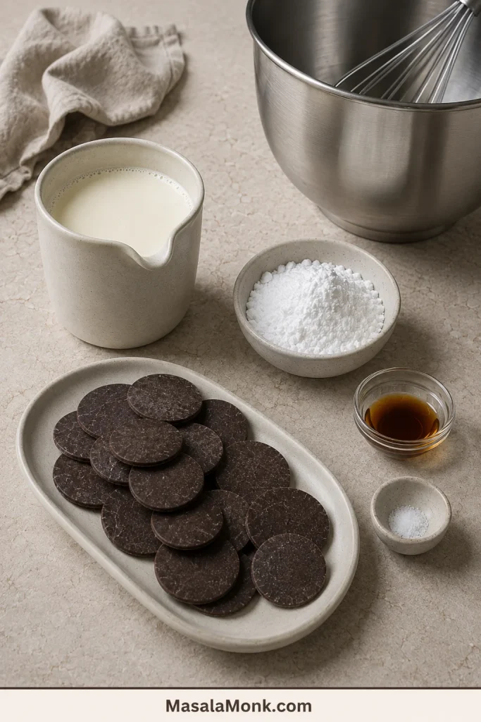 Thin chocolate wafers, heavy cream, powdered sugar, vanilla and salt arranged with a stainless-steel bowl and whisk.