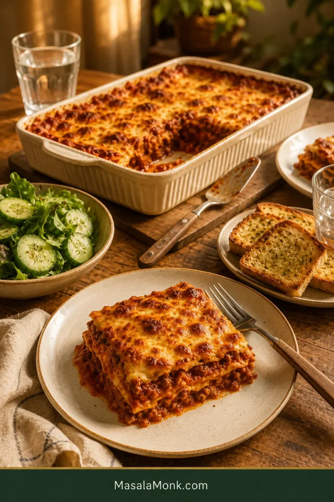 A warm dinner table with a served lasagna slice, the remaining ivory baking dish, cucumber salad, garlic bread, utensils and glasses of water.