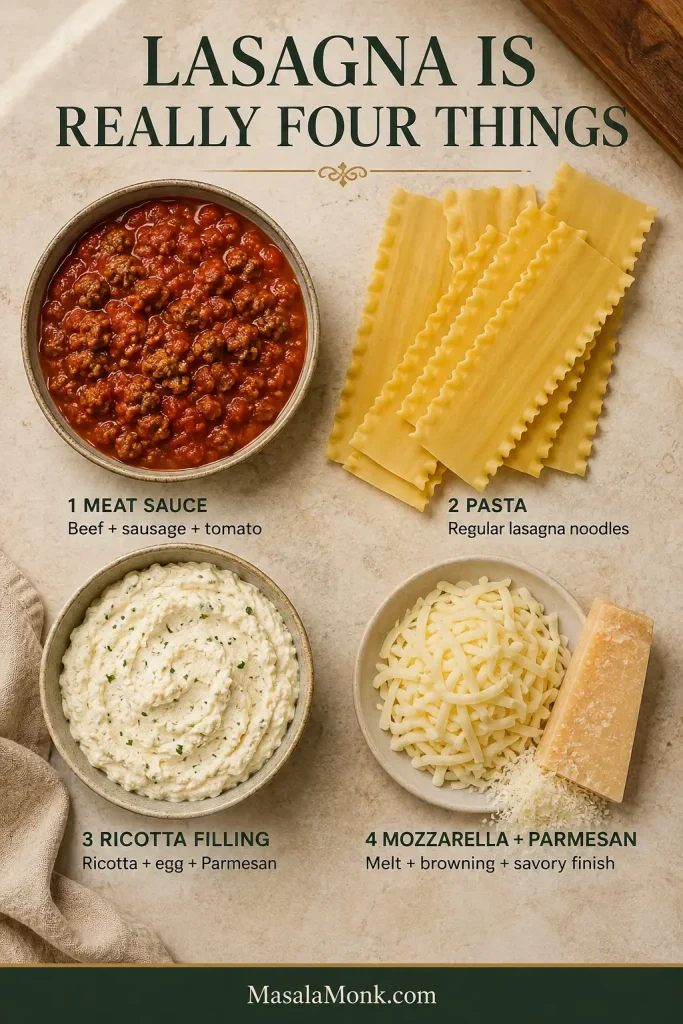 An overhead arrangement of lasagna noodles, beef and sausage meat sauce, ricotta filling, shredded mozzarella and Parmesan.