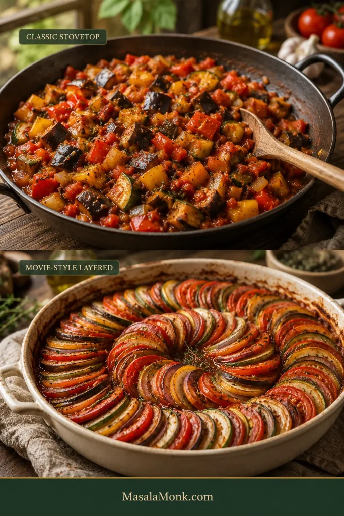 Comparison of chunky classic stovetop ratatouille in a pan and a movie-style preparation made from thin overlapping vegetable slices.