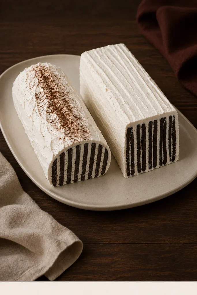 Classic rounded chocolate wafer log slice beside a rectangular Oreo Thin loaf slice with wider cream bands.