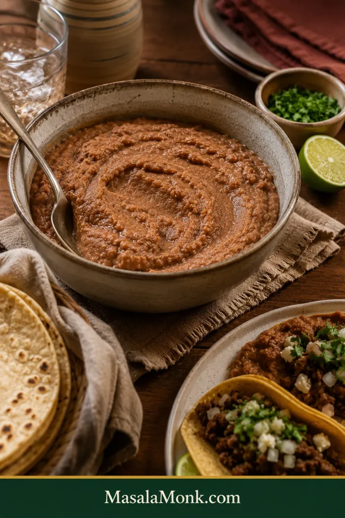 Large communal bowl of creamy refried beans with a serving spoon, tortillas, lime, and taco dinner dishes on a warm wooden table.