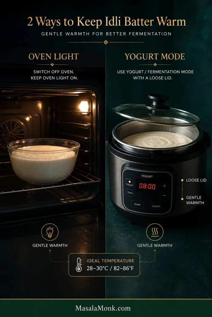 Cold-kitchen fermentation guide showing batter in a switched-off oven with the light on and in a loose-lidded cooker on yogurt mode, with a 28–30°C temperature cue.