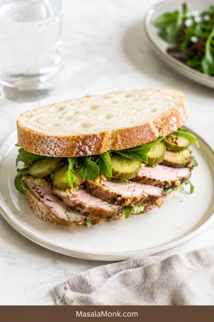 Sourdough sandwich with thin cold pork tenderloin slices, crisp greens, pickles and mustard-style dressing.