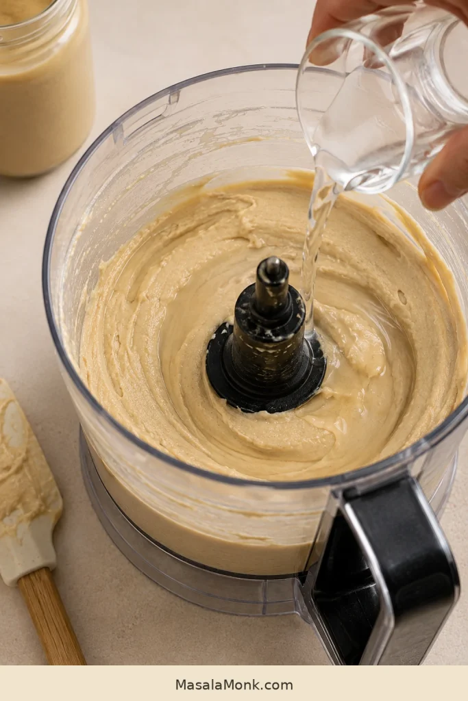 Hand pouring a narrow stream of clear water into thick tahini in a food processor.