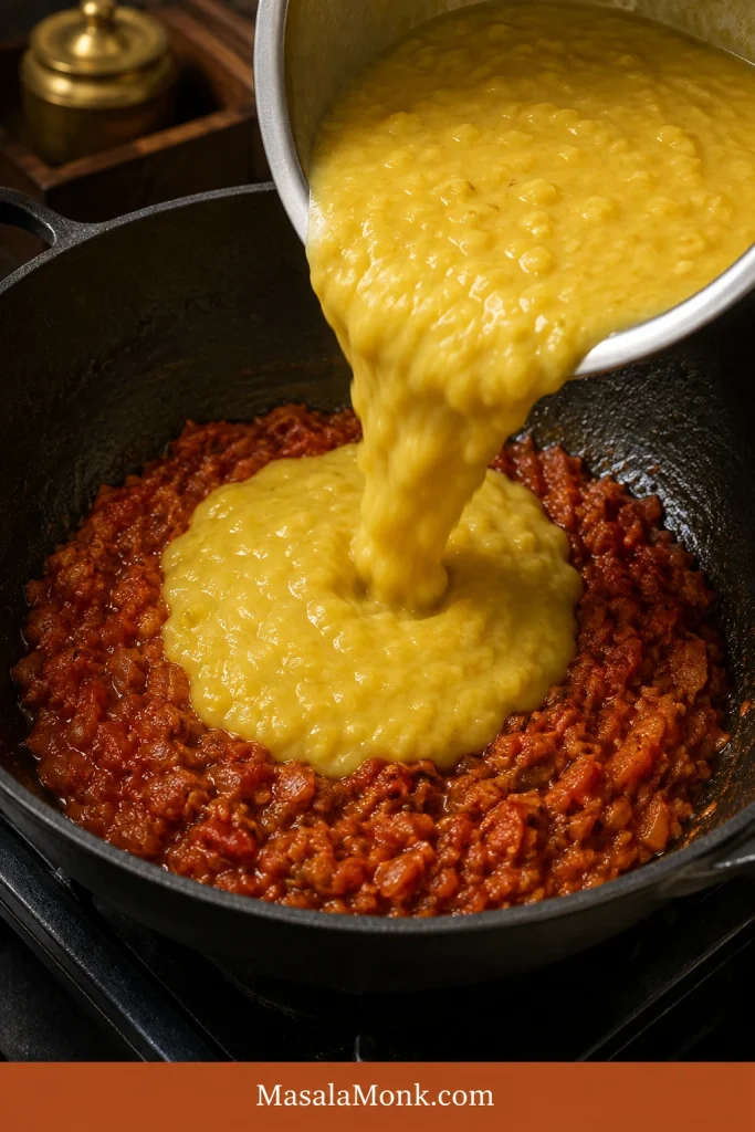 Soft yellow dal being poured into reduced onion-tomato masala in a dark cooking pan.