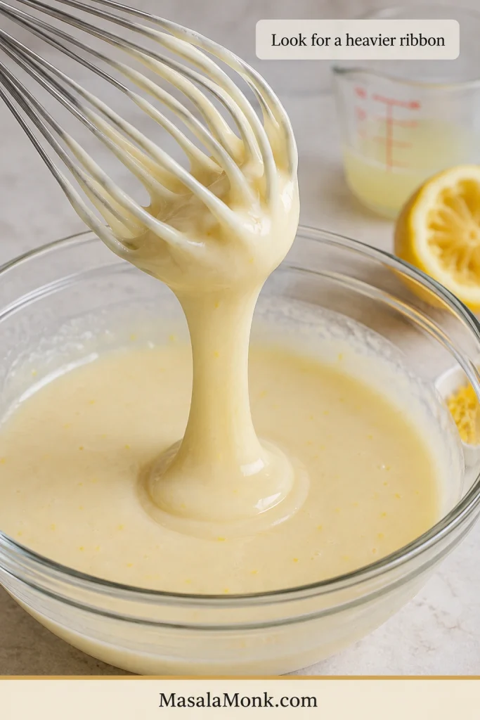 A whisk lifts a smooth pale lemon and condensed-milk mixture that falls back into a glass bowl in a slow, thick ribbon.