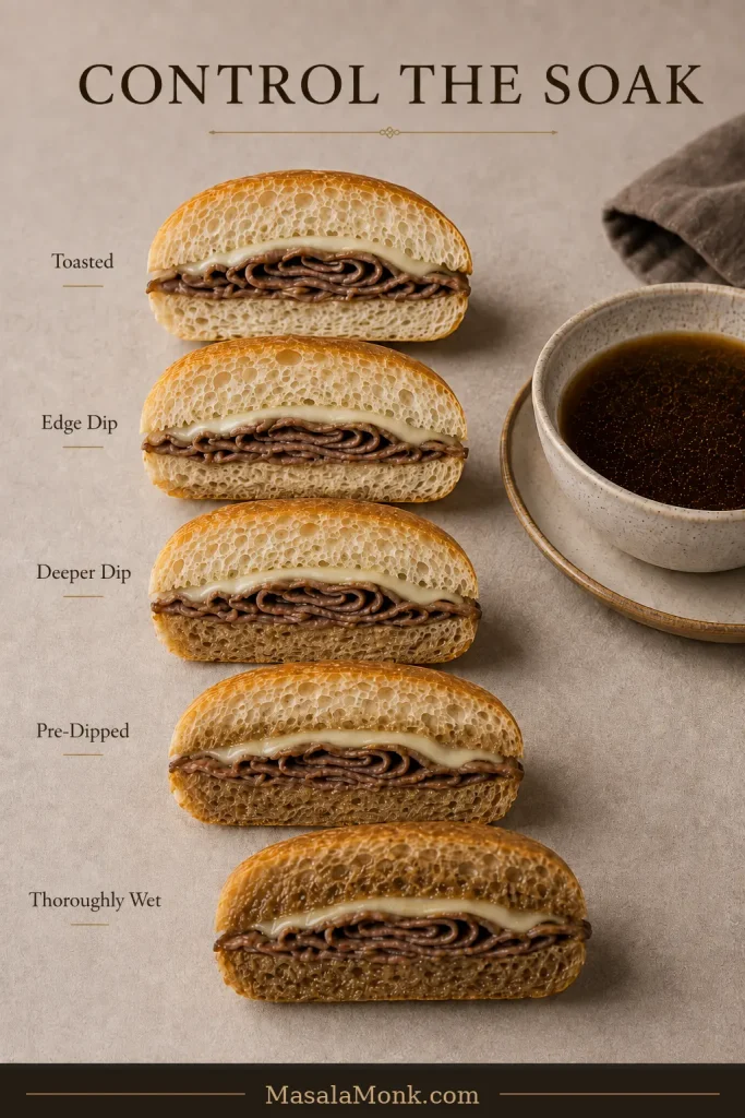 Five French dip sandwich sections showing progressively more au jus absorbed into the bread, from dry toasted crumb to thoroughly wet but intact bread.