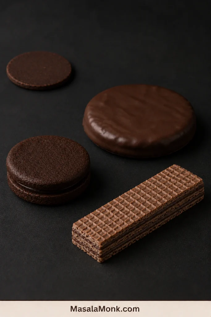 Thick chocolate sandwich cookie, chocolate-coated biscuit and layered chocolate wafer bar displayed on a dark surface.
