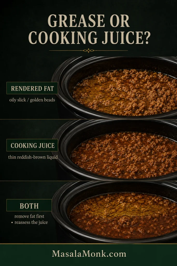 Three close-up taco meat samples compare oily golden rendered fat, thinner reddish-brown cooking juice, and a mixture where a shiny fat layer sits above darker juice.