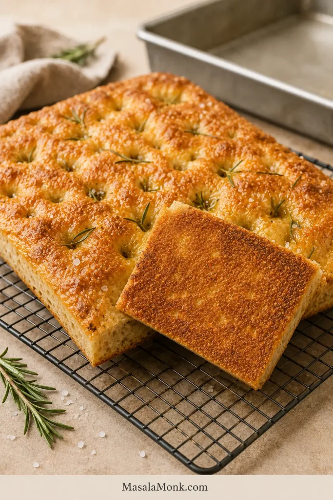 Baked rosemary focaccia cooling on a wire rack with part of its crisp golden-brown underside visible.