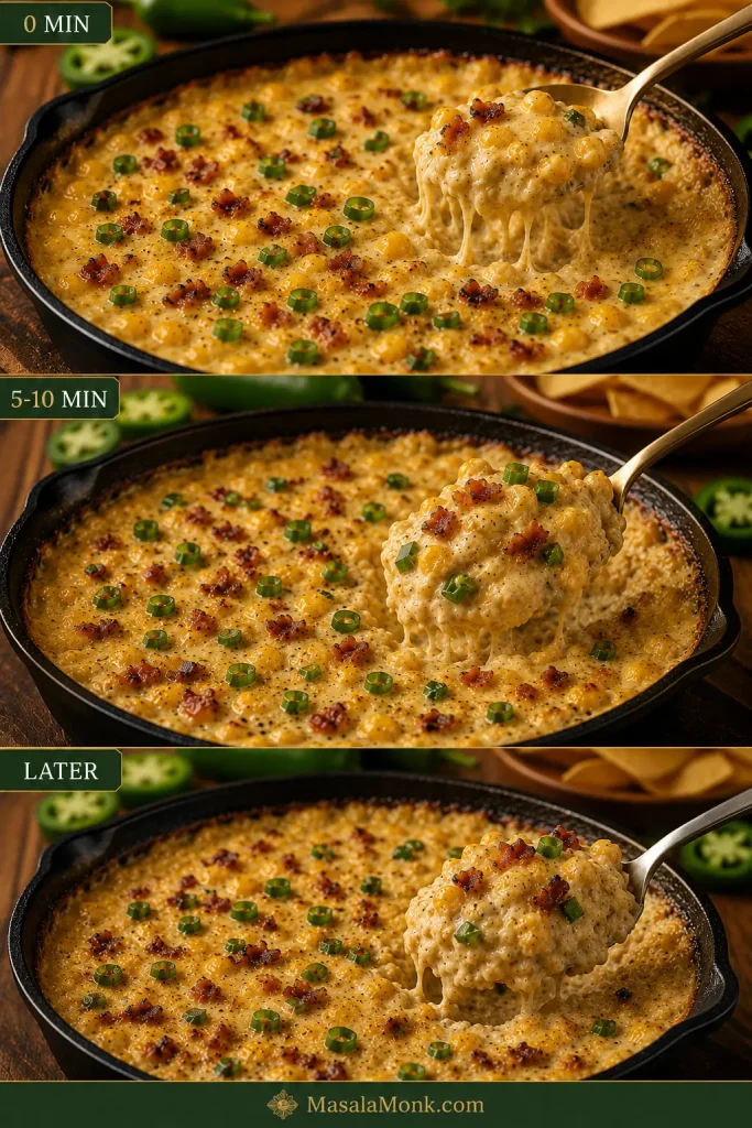 Three-stage timeline of the same baked corn dip labeled 0 minutes, 5–10 minutes and later, showing the texture becoming progressively firmer as it rests.