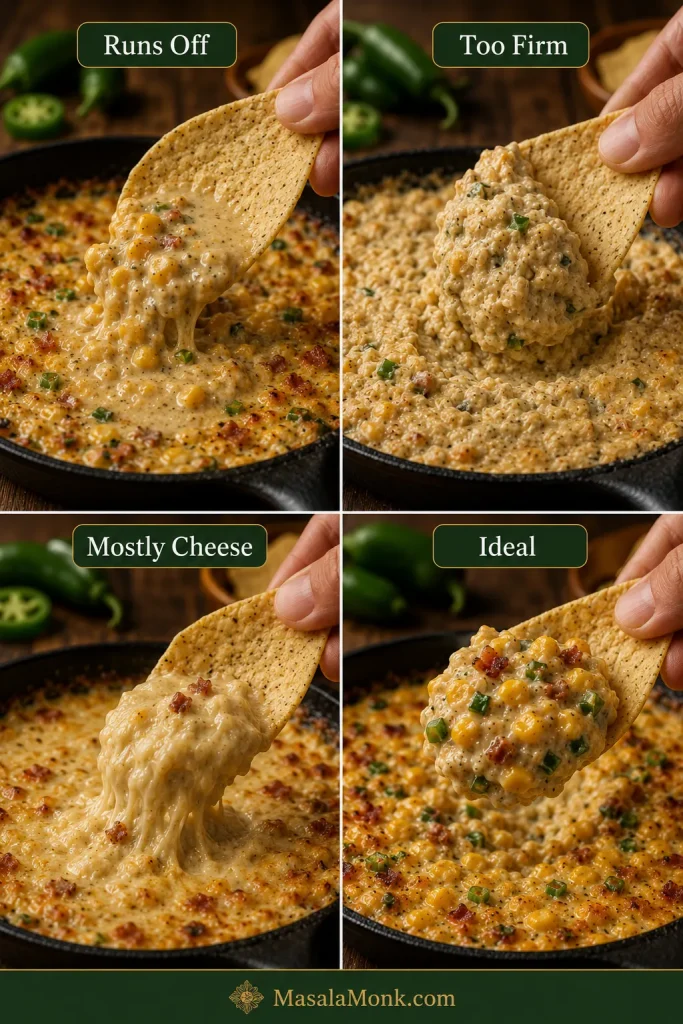 Four-panel scoopability comparison labeled Runs Off, Too Firm, Mostly Cheese and Ideal, using tortilla chips to show visibly different corn-dip textures.