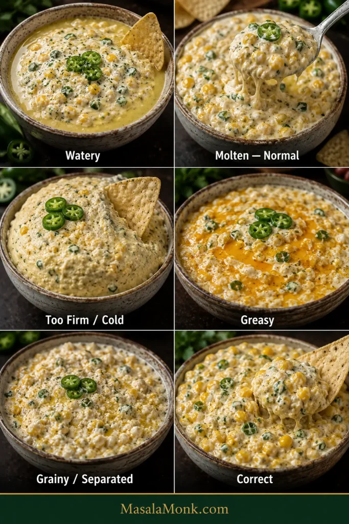 Six-panel troubleshooting guide comparing watery, molten-normal, too-firm or cold, greasy, grainy or separated, and correct jalapeño corn dip textures.