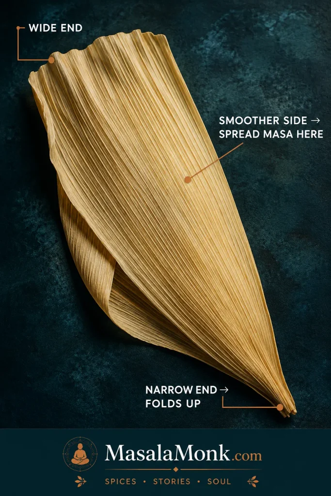 Large corn husk labeled to show the smoother side for spreading masa, the wide end, and the narrow end that folds upward.