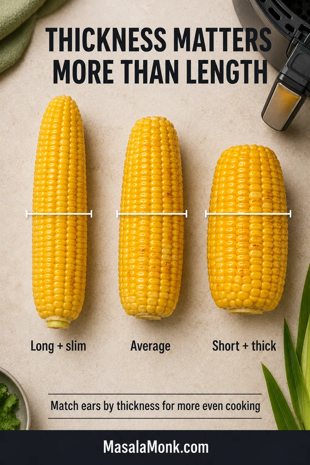 A long slim ear, an average ear and a shorter thick ear of corn compared side by side with diameter guides.