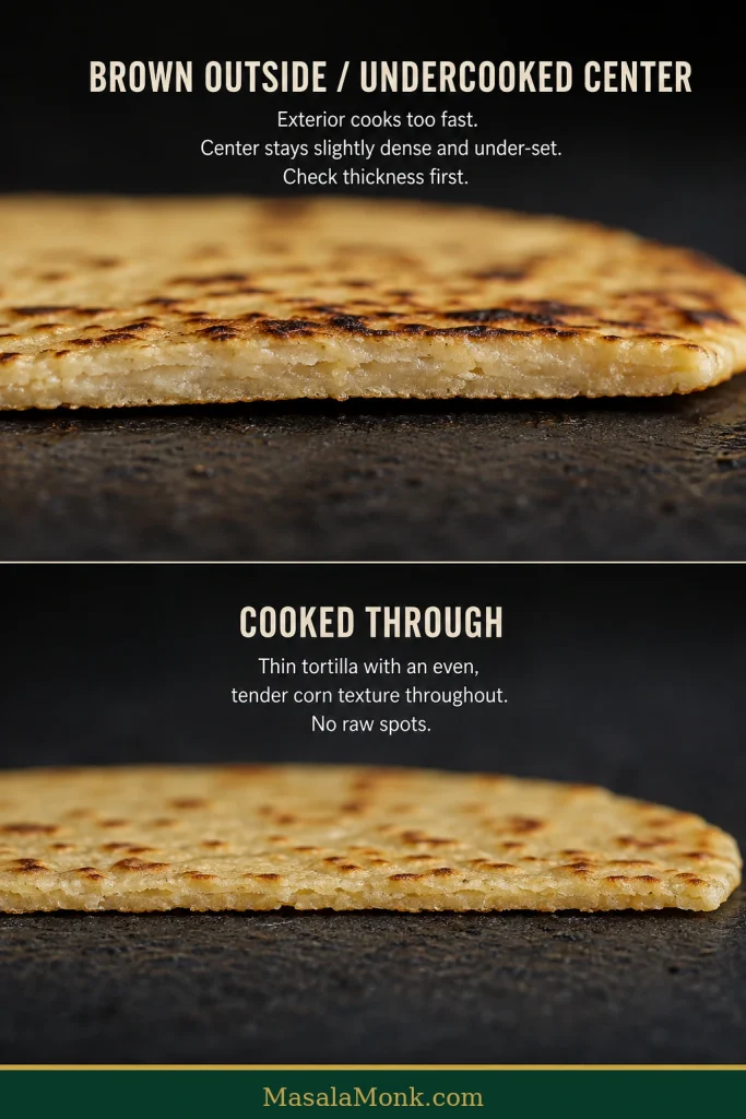 Cross-section comparison of a slightly thick browned corn tortilla with a pale dense center and a thinner tortilla cooked evenly through.