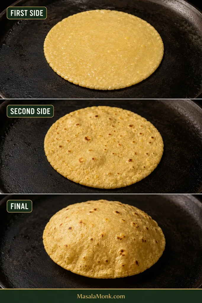 Three skillet stages of a corn tortilla progressing from a pale first side to toasted freckles and a final puffed finish.