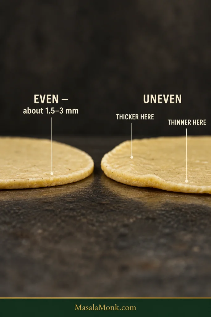 Comparison of a thin, evenly pressed corn tortilla and an uneven tortilla marked to show thicker and thinner areas.