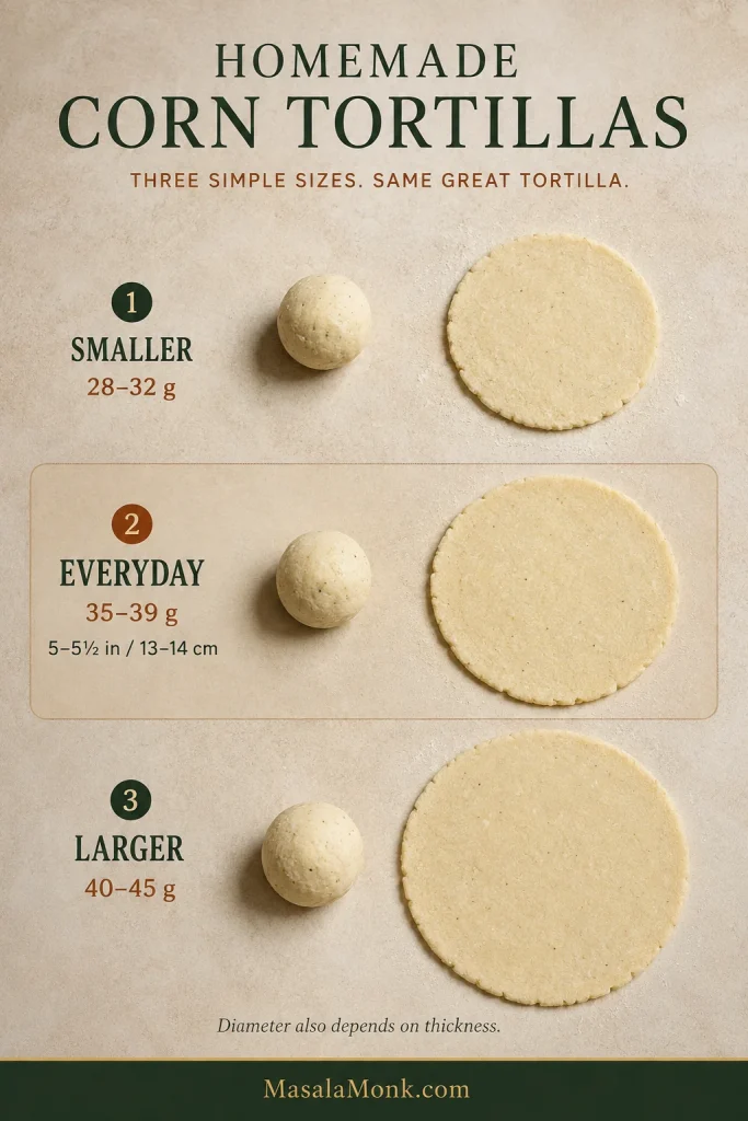 Corn tortilla portion guide showing a weighed masa ball and a small pressed tortilla about 5 to 5½ inches across.