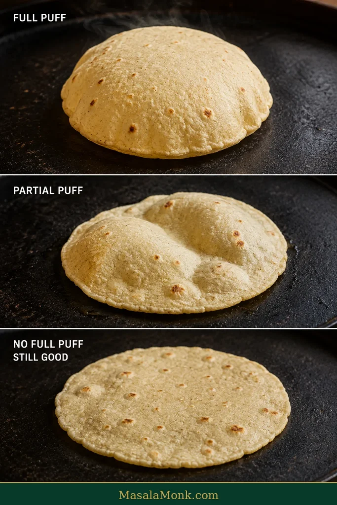 Three cooked corn tortillas on a griddle showing a full puff, partial puff, and little or no puff as acceptable results.