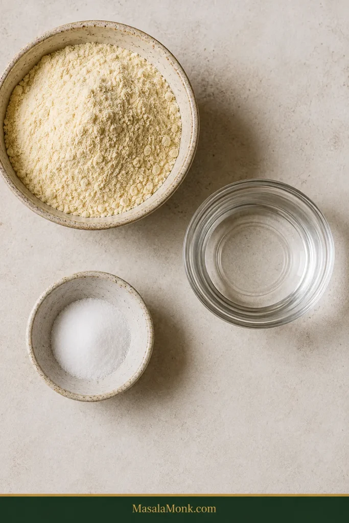 Masa harina, lukewarm water, and fine salt arranged as the three ingredients for homemade corn tortillas.