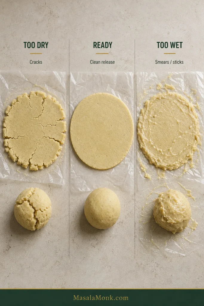 Three masa samples labeled too dry, ready, and too wet, showing a cracked edge, a smooth cohesive round, and sticky smearing.