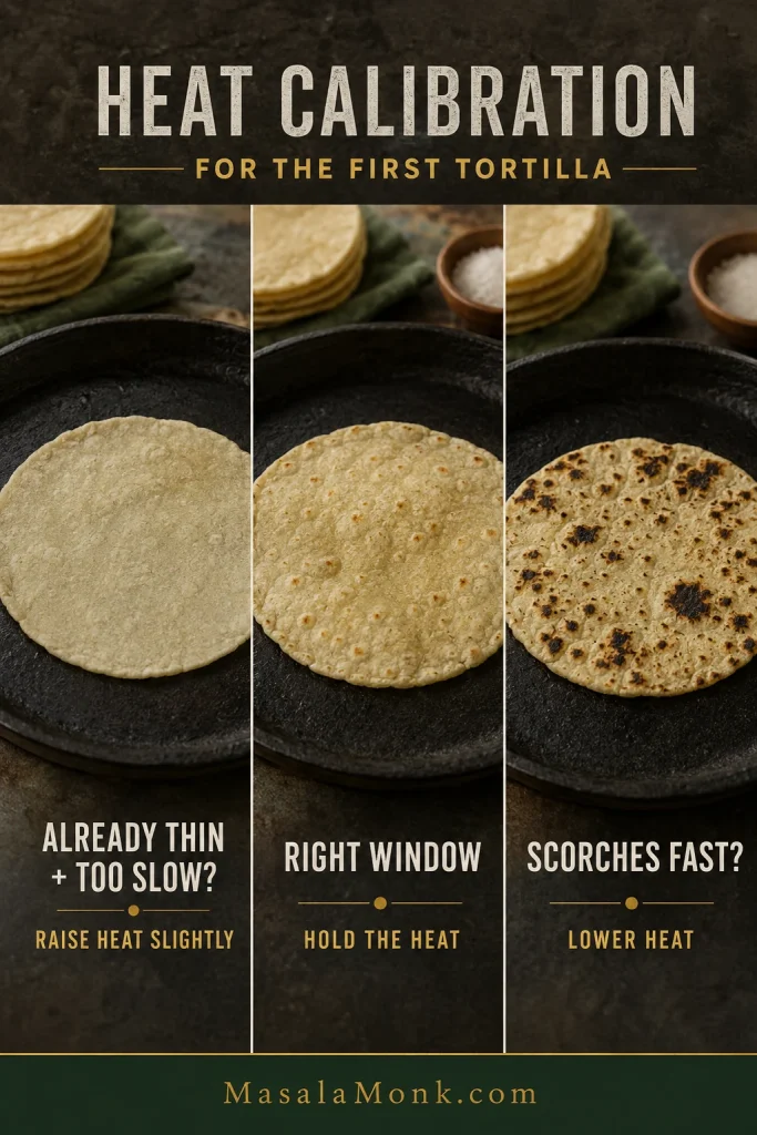 Corn tortilla heat-calibration guide showing examples of tortillas cooking too quickly, appropriately, and too slowly.