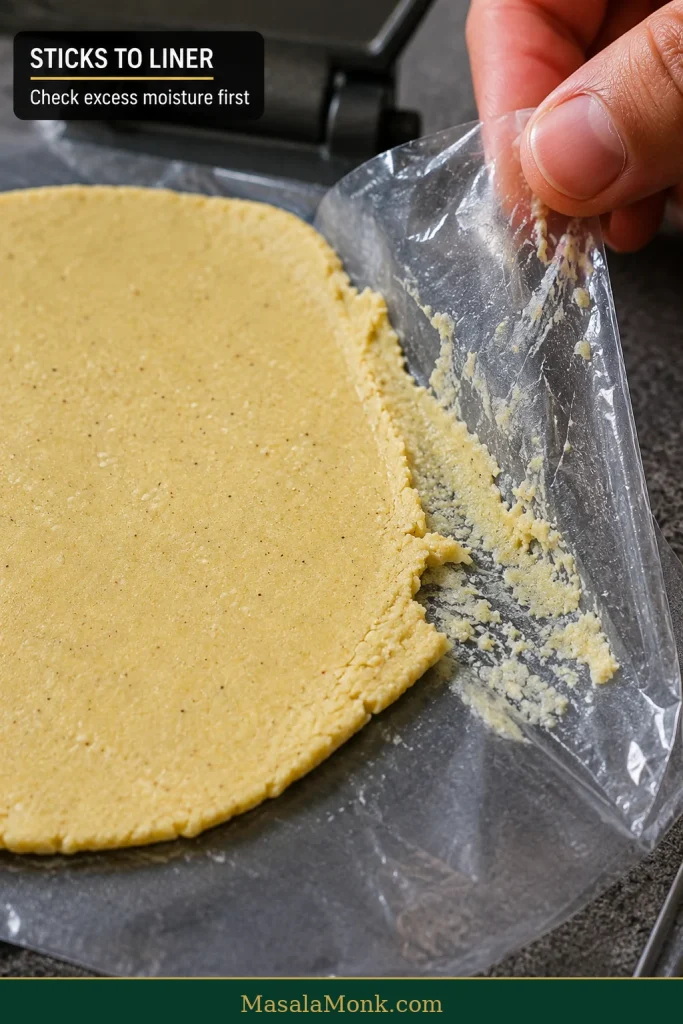 Raw pressed corn tortilla sticking and smearing across a clear plastic liner as the liner is peeled back.