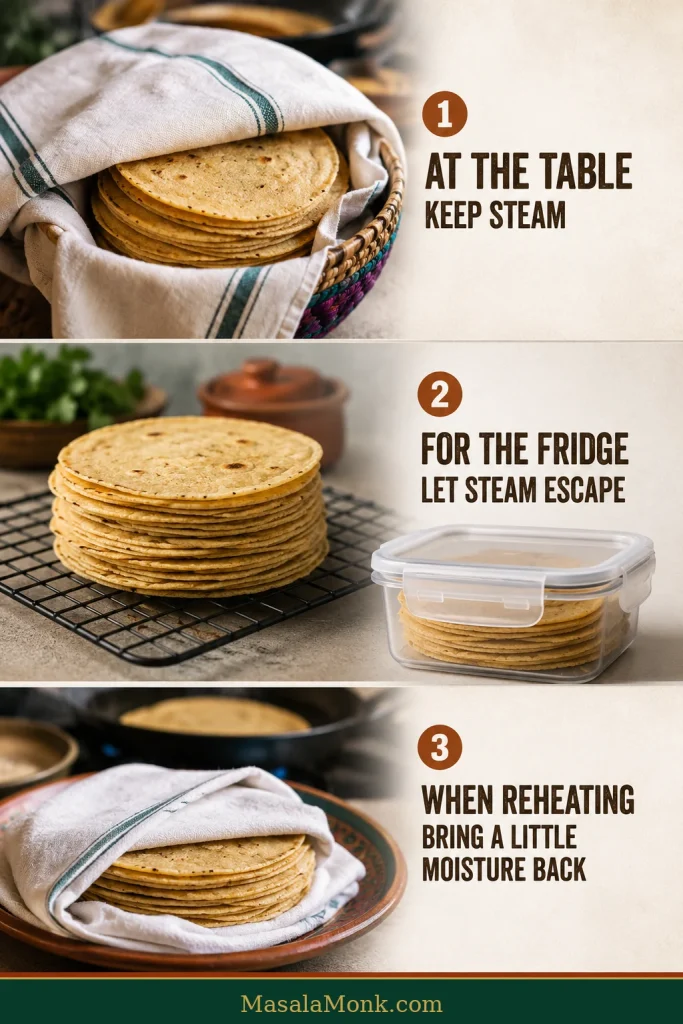 Three-panel guide showing hot tortillas kept covered, tortillas cooling before airtight storage, and tortillas reheated with a lightly damp towel.