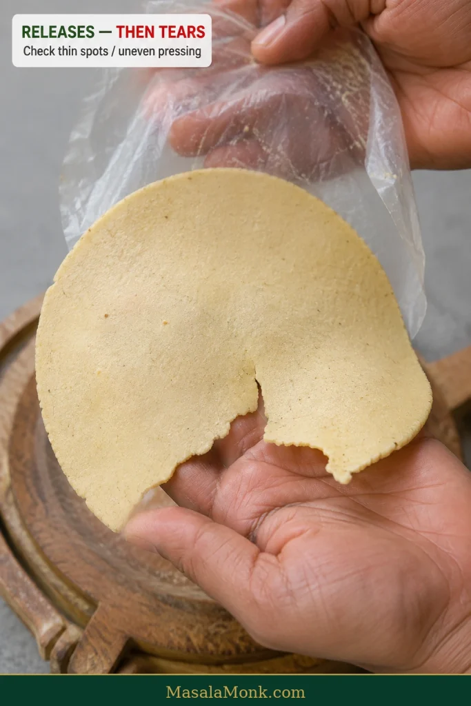 Thin raw corn tortilla supported across a hand after releasing from the liner, with a small tear forming during transfer.