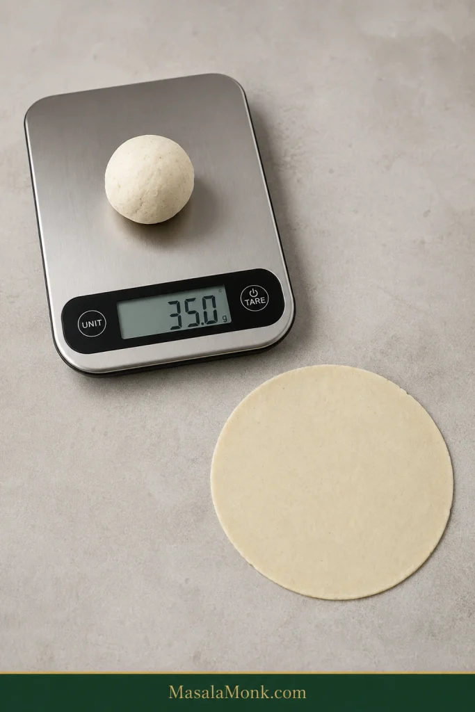 Small ball of corn tortilla masa weighing about 35 grams on a digital kitchen scale before pressing.