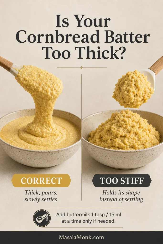 Side-by-side comparison of thick but pourable cornbread batter and overly stiff batter that remains heavily mounded.