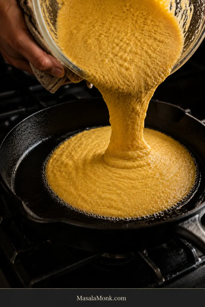 Thick cornmeal batter pouring into a hot greased cast-iron skillet as bubbles form around the edge where batter meets the pan.