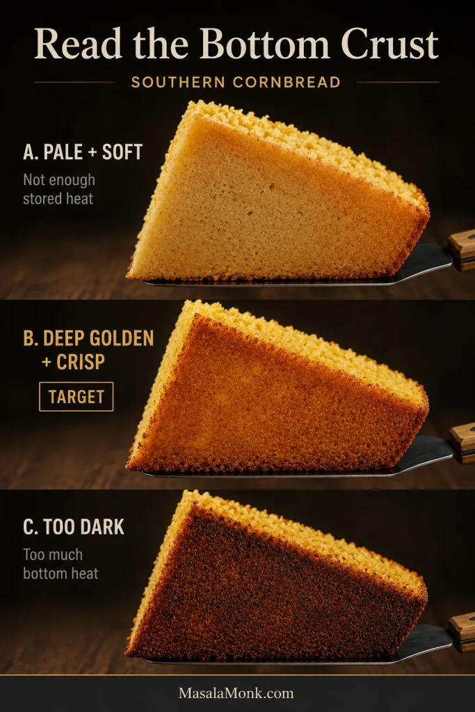 Three cornbread wedges showing a pale soft underside, a deep-golden crisp underside and an overly dark bottom crust.