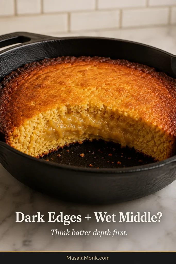 Cut skillet cornbread with deeply browned outer edges surrounding a visibly sticky, under-set center.