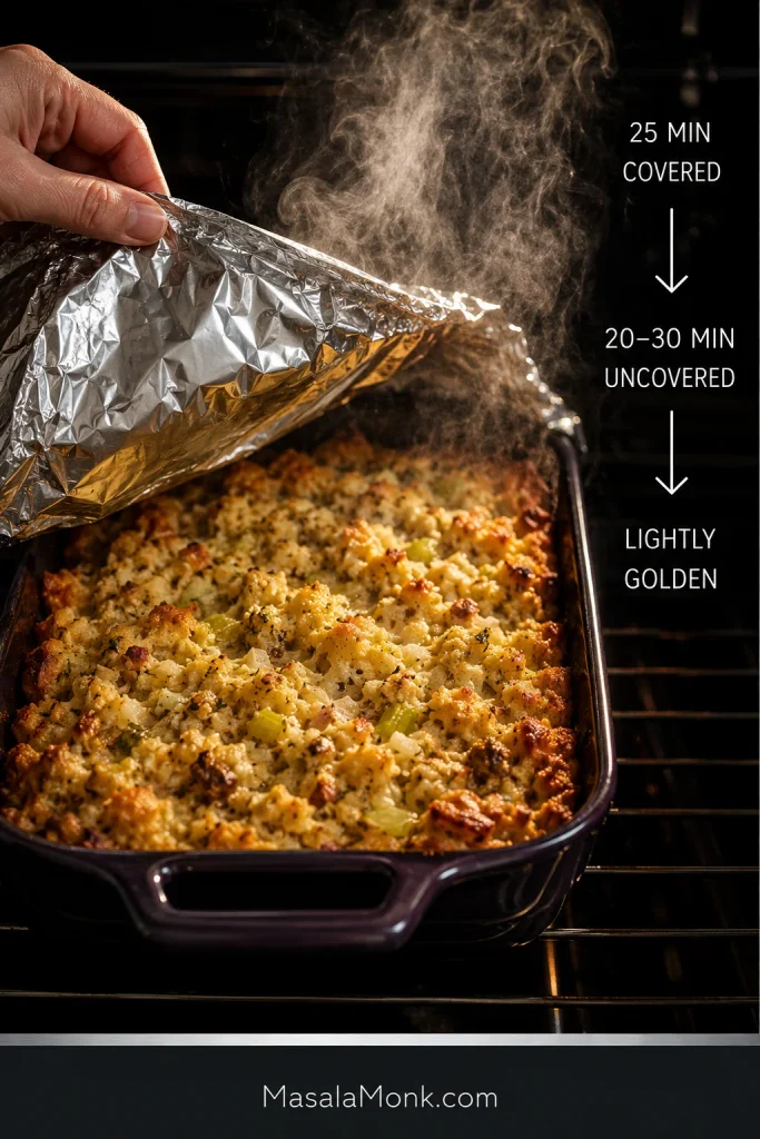 Foil being lifted from a steaming cornbread dressing casserole with instructions for 25 minutes covered, then 20 to 30 minutes uncovered until lightly golden.