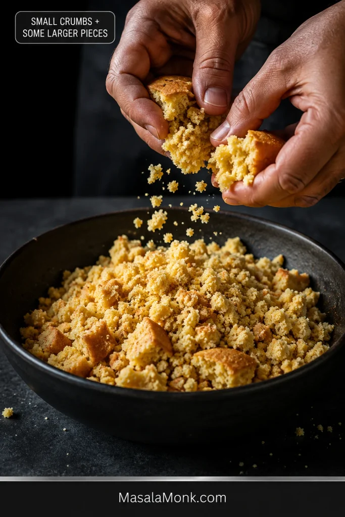 Hands crumble cornbread over a bowl, leaving mostly small irregular crumbs with some larger half-inch to one-inch pieces.