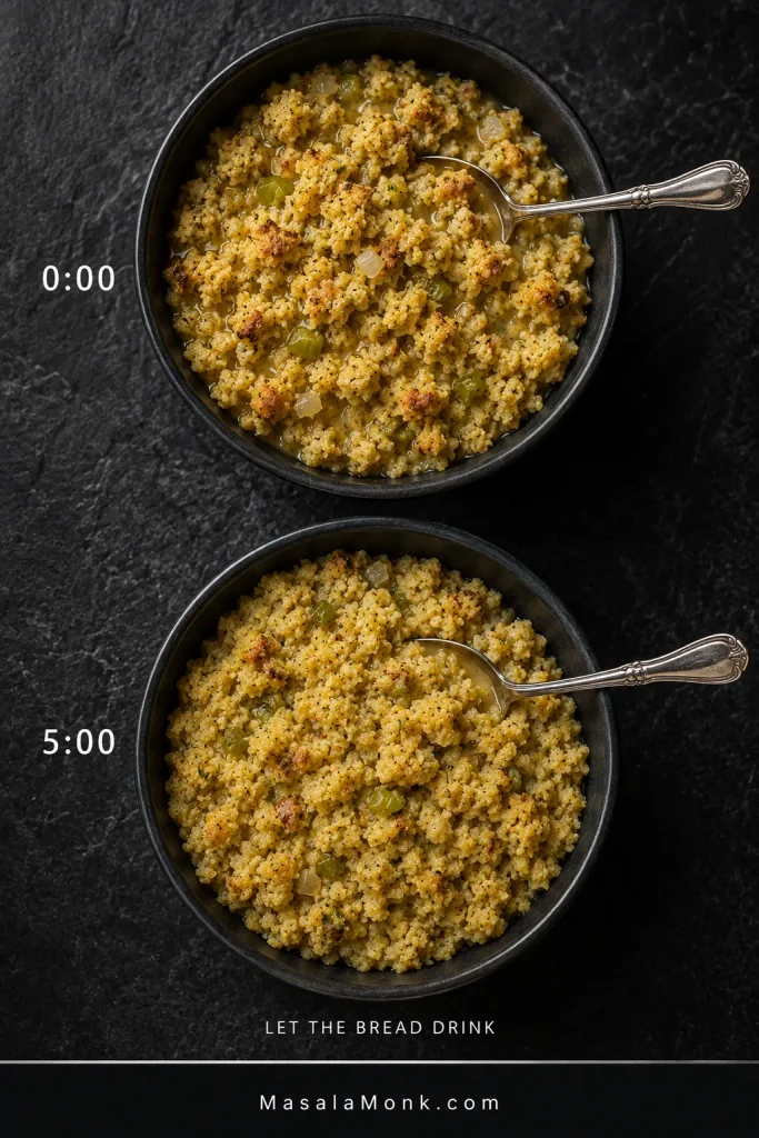 Two bowls compare cornbread dressing immediately after broth is added and after five minutes, when the bread has absorbed more liquid and thickened.