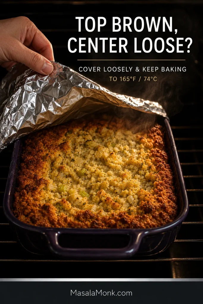 A hand loosely covers browned cornbread dressing with foil because the center is still loose, with instructions to continue baking to 165°F / 74°C.