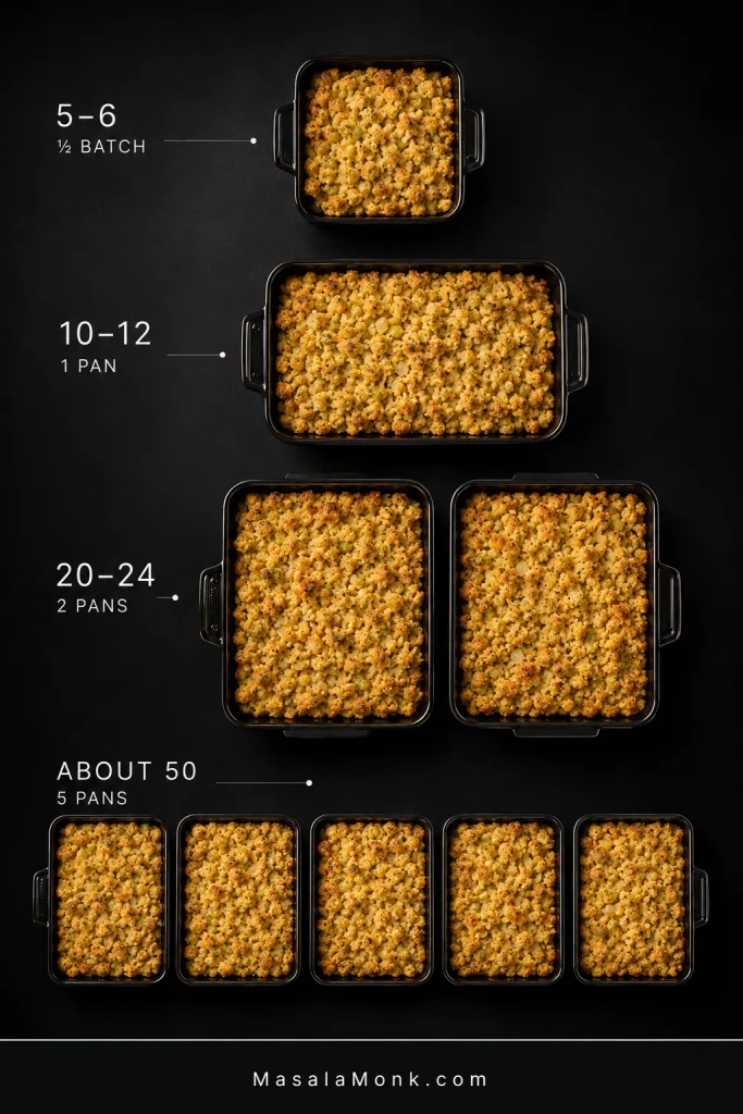 Overhead serving guide shows a half batch for 5–6 people, one pan for 10–12, two pans for 20–24, and five pans for about 50 people.
