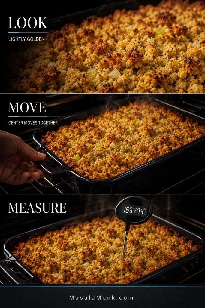 Three-part doneness guide shows lightly golden cornbread dressing, a hand nudging the casserole, and a thermometer reading 165°F / 74°C in the center.