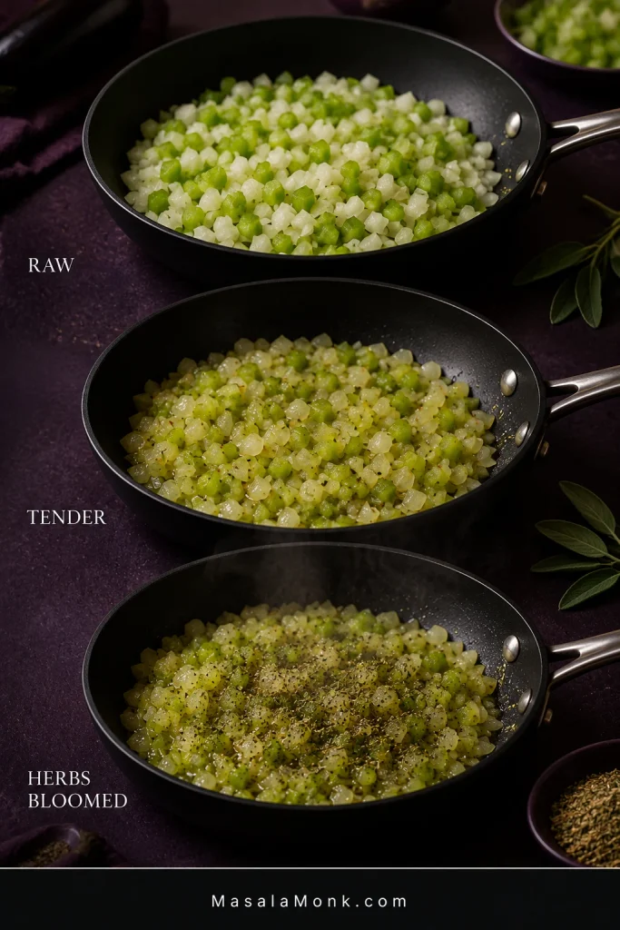 Three pans show diced onion and celery raw, softened and translucent, then cooked with sage and poultry seasoning in butter.