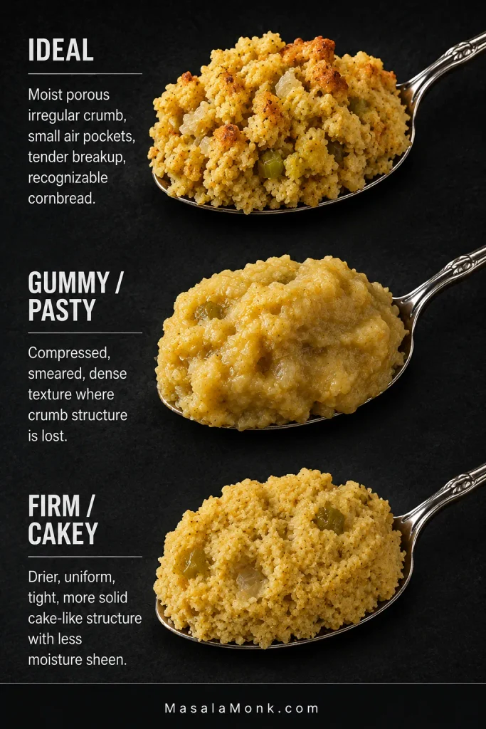 Three spoonfuls compare ideal moist cornbread dressing, gummy pasty dressing with lost crumb structure, and firmer dry cakey dressing.